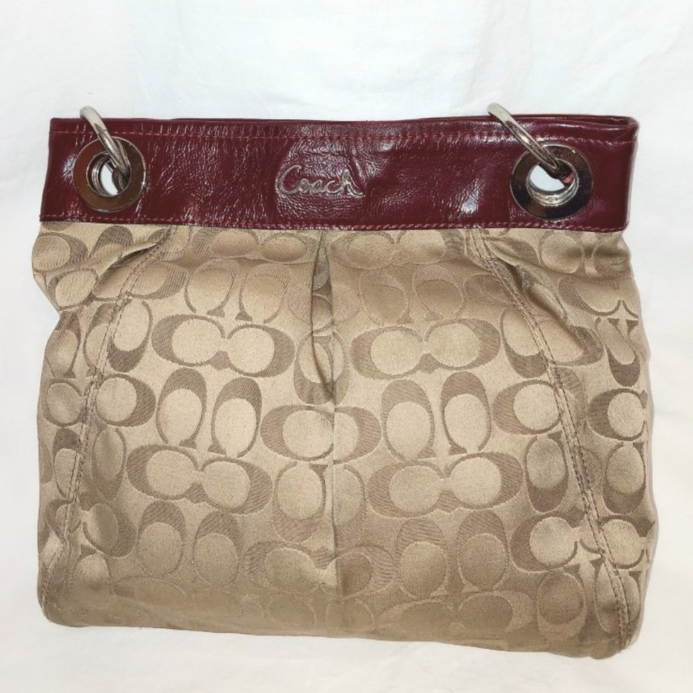 Coach "Ashley" Brown Logo Satin Leather Pleat Medium Signature Shoulder Bag